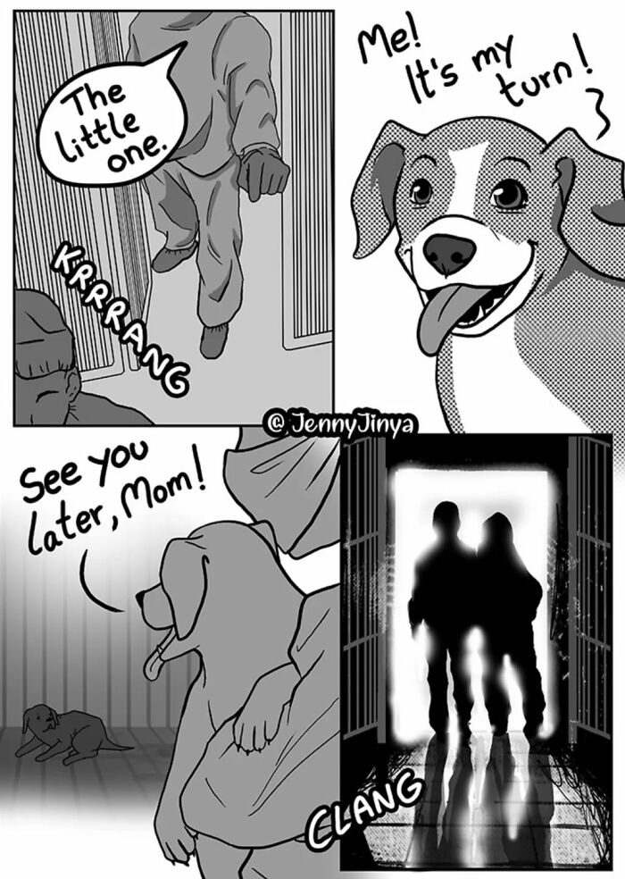 Emotional animal comics showing a dog eager for adoption and farewells with its mom