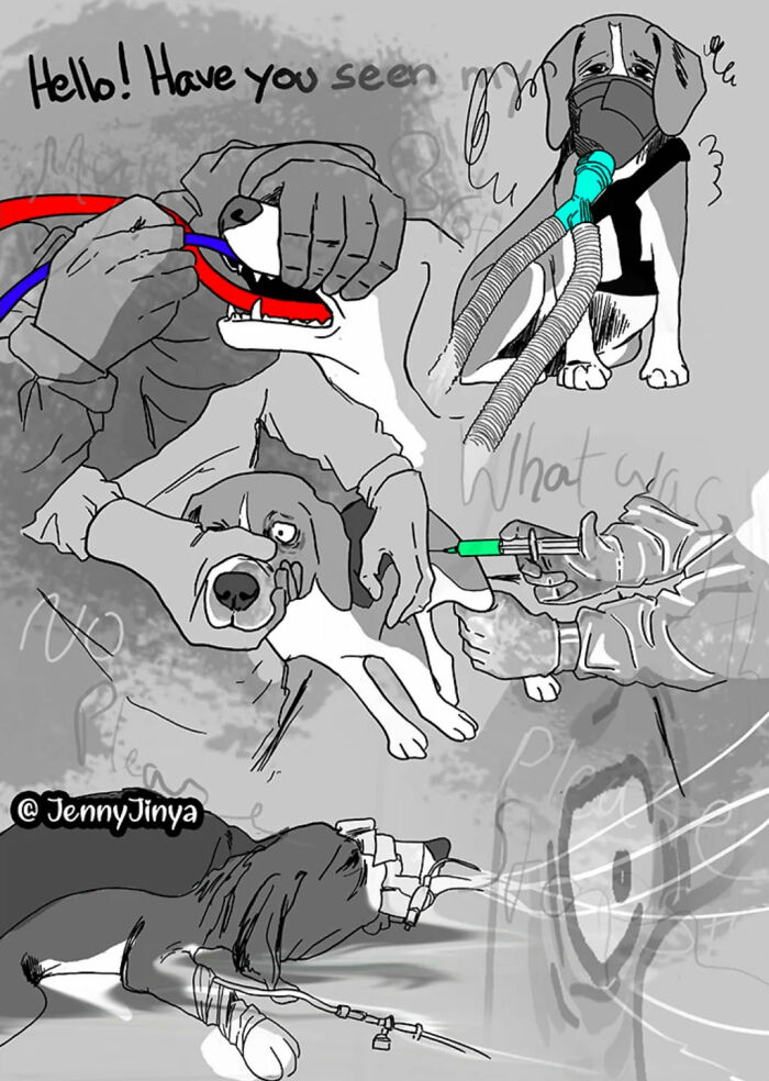 Sad dog receiving vet care in emotional animal comics by JennyJinya