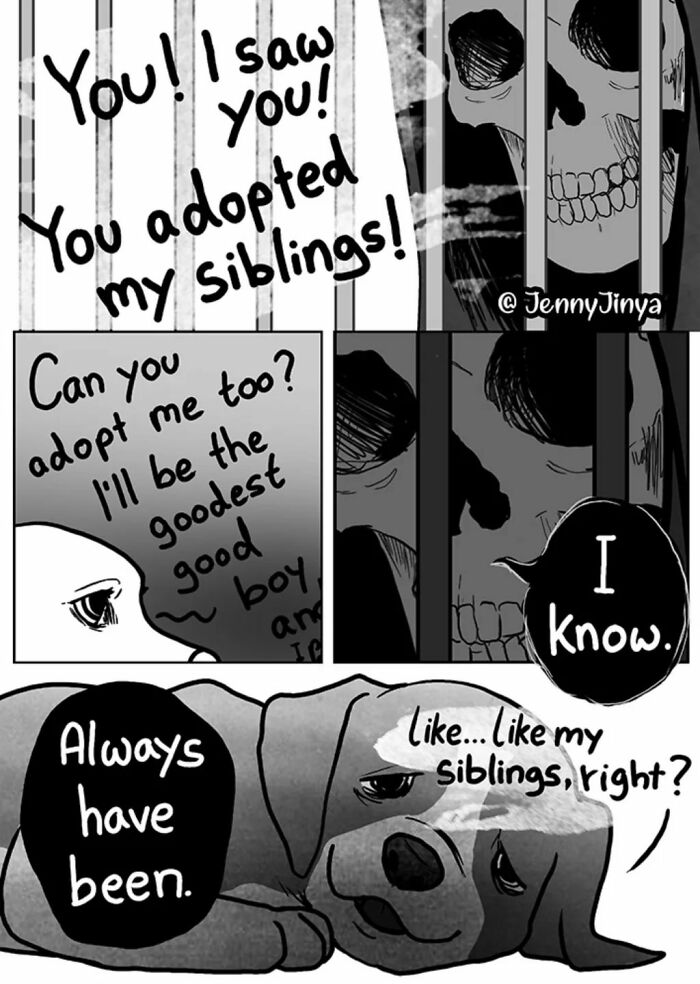 Emotional animal comics depict dog asking for adoption and feeling like siblings