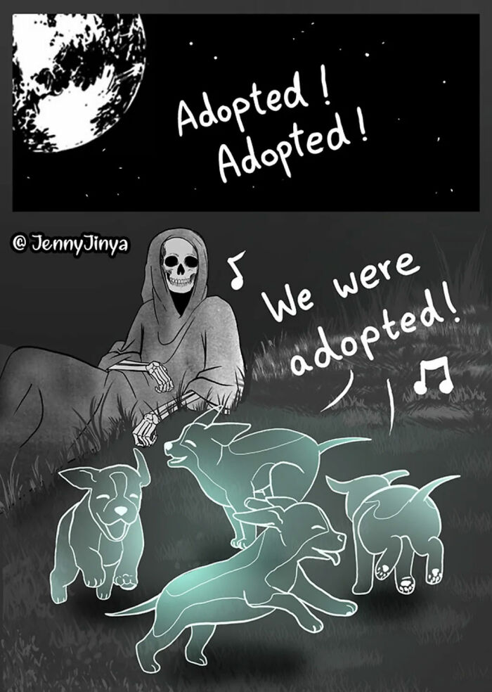 Emotional animal comics with ghost puppies celebrating adoption by the grim reaper under the moonlight
