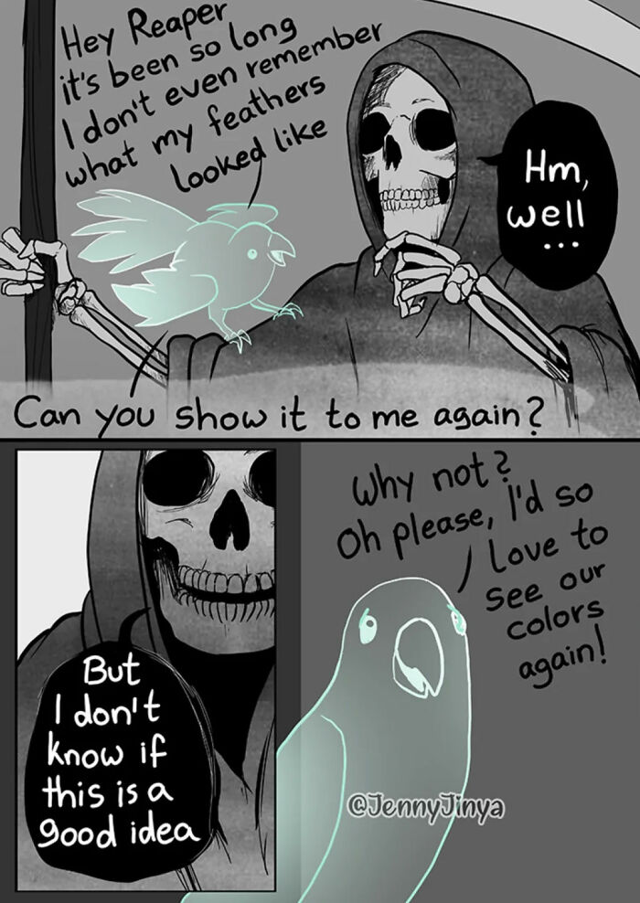 Comic with grim reaper and ghost bird discussing remembering feathers in emotional animal comics