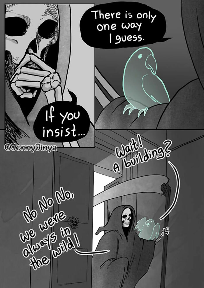 Emotional animal comics showing grim reaper and ghost bird discussing their wild origins