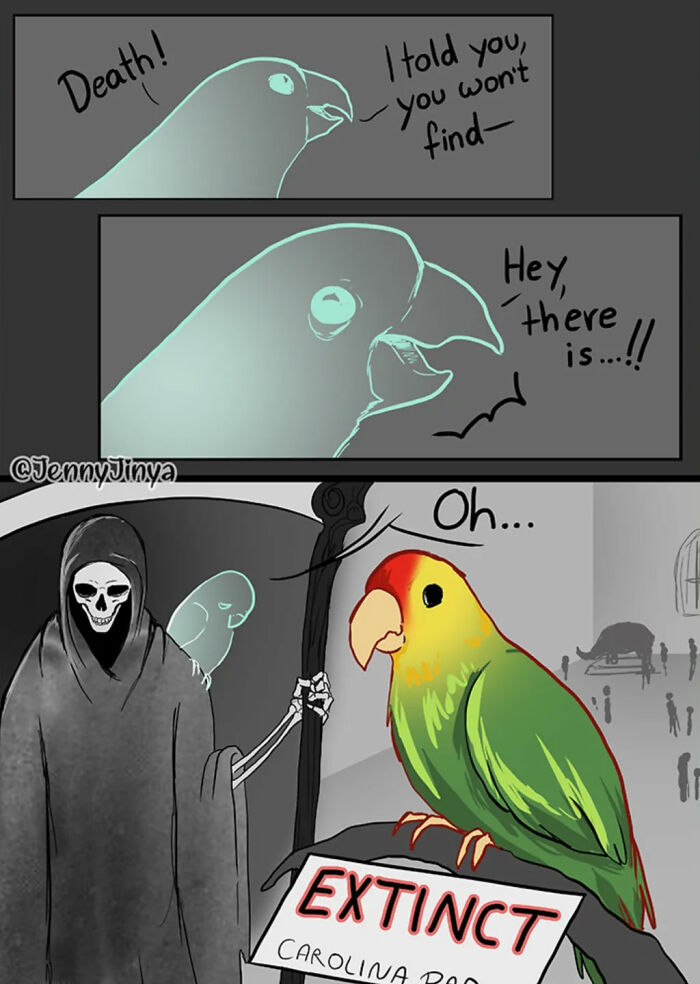 Colorful bird appears alive holding extinct sign in emotional animal comics by artist