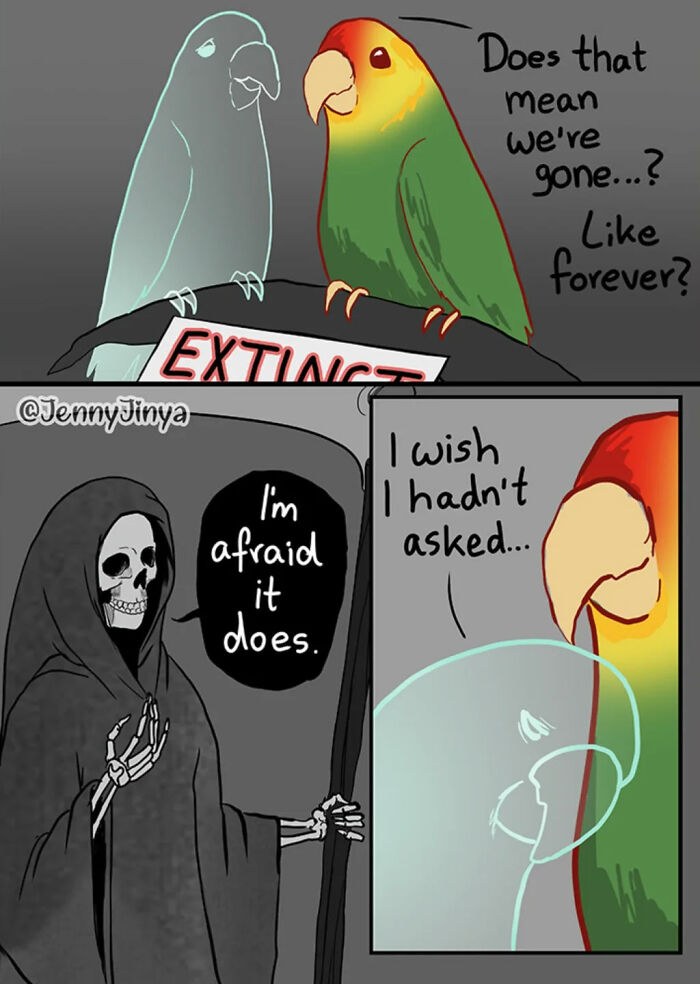 Emotional animal comic showing a parrot confronting extinction with D***h.