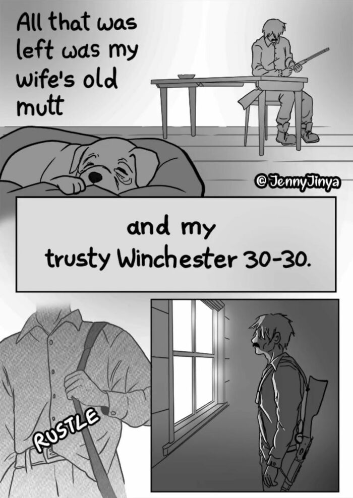 Grayscale comic featuring a man, his wife\'s old dog, and a Winchester 30-30 rifle.