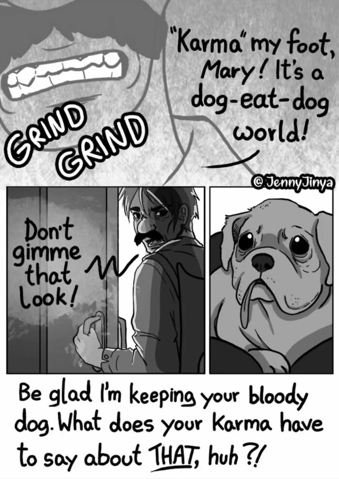 Man angrily telling off Mary in emotional animal comic about karma and a dog.