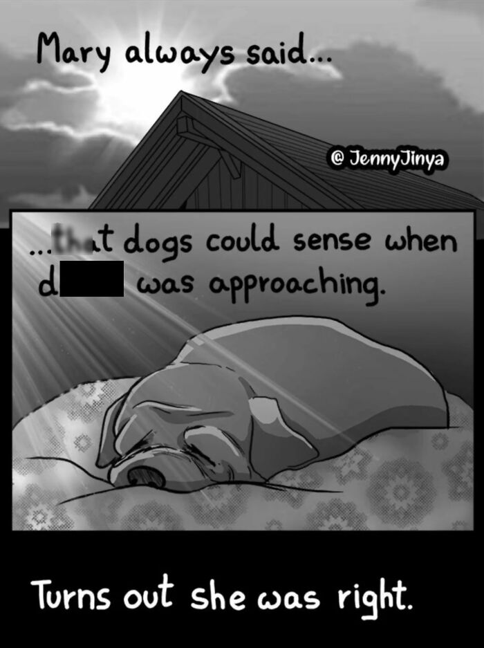 Emotional animal comic with dog sensing d***h approaching in a heartfelt scene