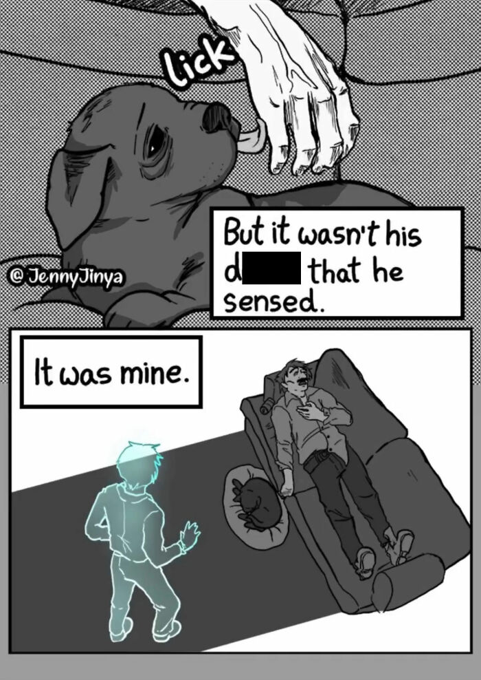 Emotional animal comic showing dog sensing owner\'s d***h in poignant moment