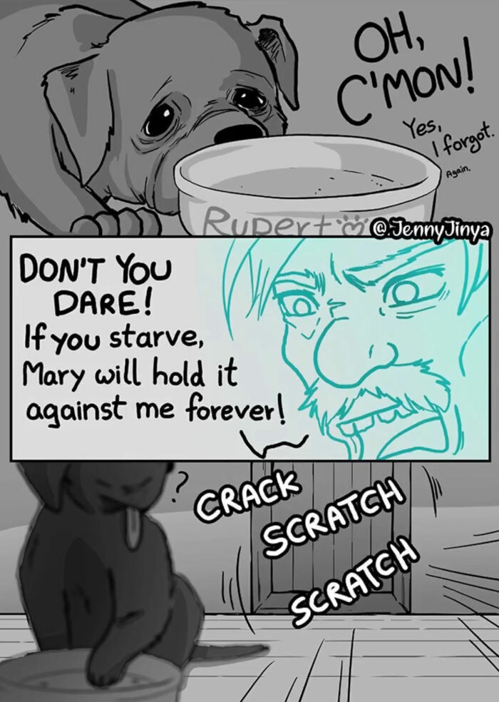Emotional animal comic of dog and owner with emotional dialogue about starving