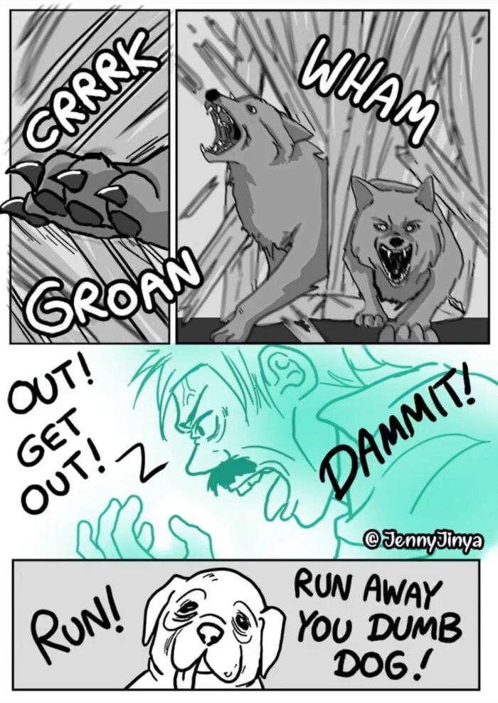Emotional animal comic with aggressive dogs and man shouting in intense scene