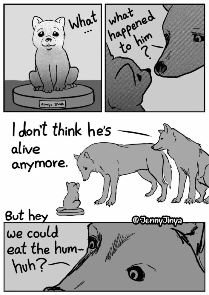 Emotional animal comics showing wolves discussing a lifeless pup in a touching story