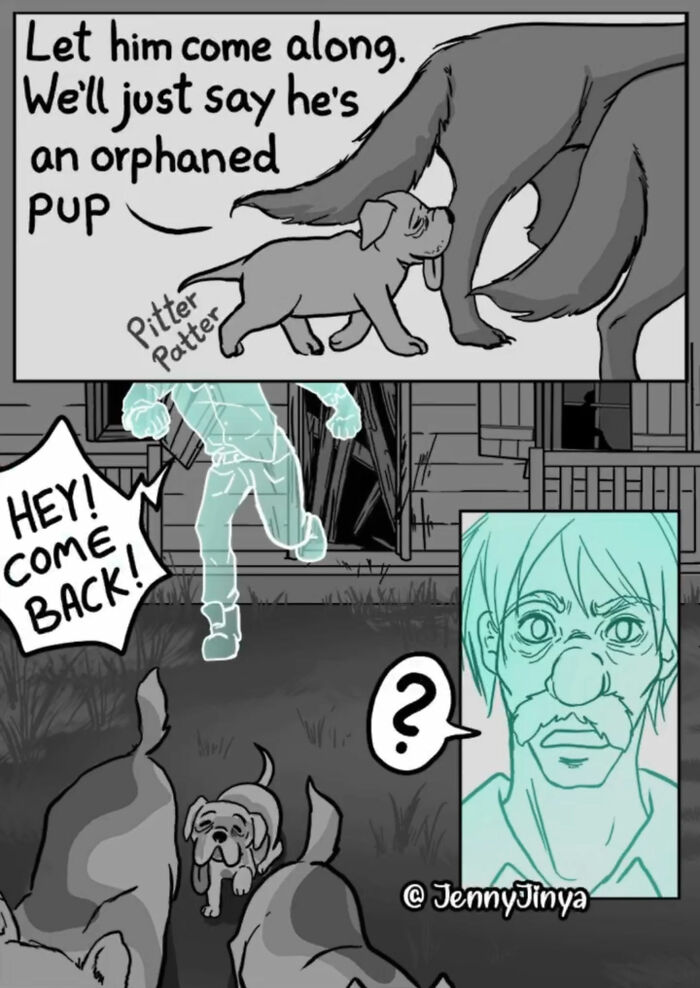 Animal comics depicting wolves adopting an orphaned pup as part of emotional stories