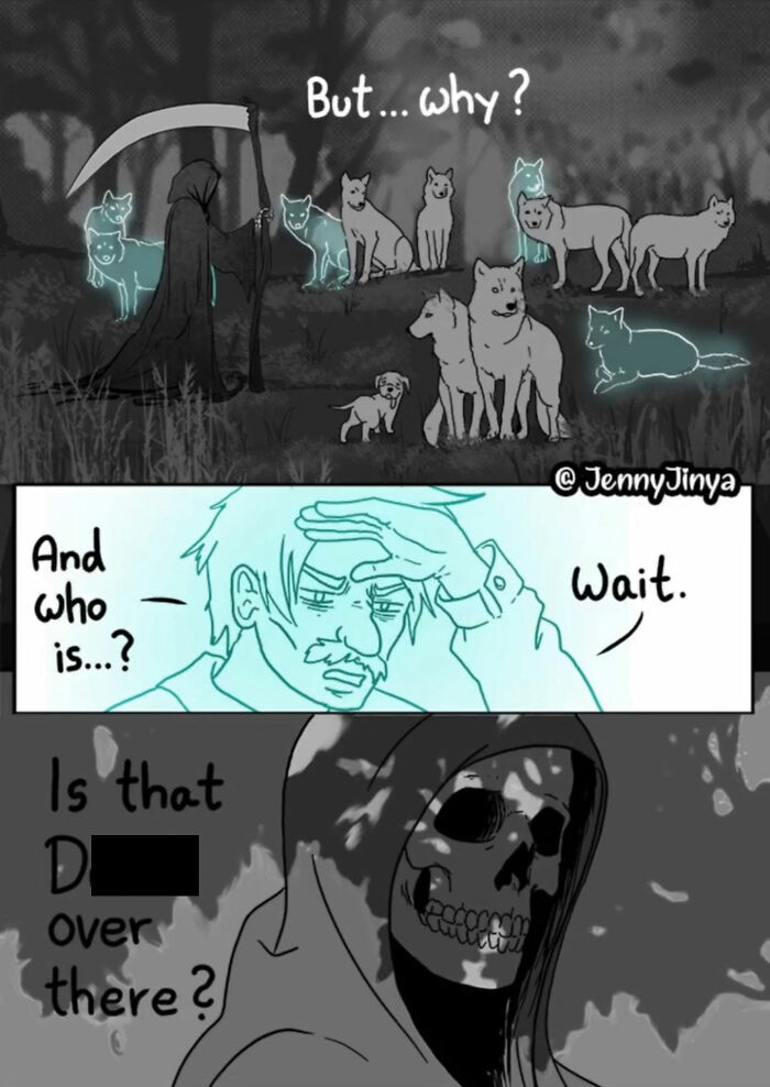 Dark emotional animal comics showing wolves and a grim reaper figure confronting a man