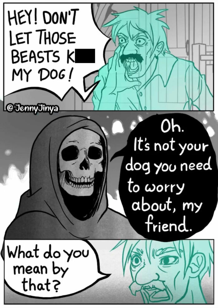 Animal comics with a man shouting at a grim reaper about his dog in emotional artwork