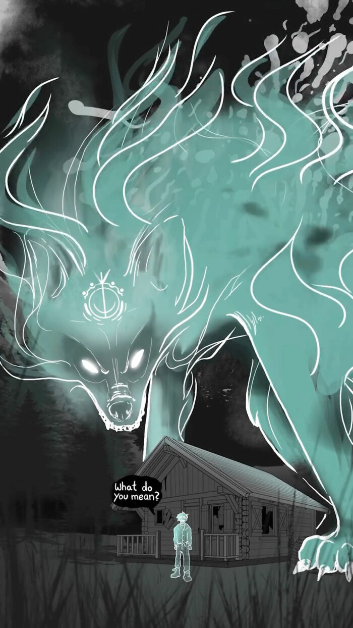 Emotional animal comic showing glowing wolf spirit confronting a person in front of a cabin at night