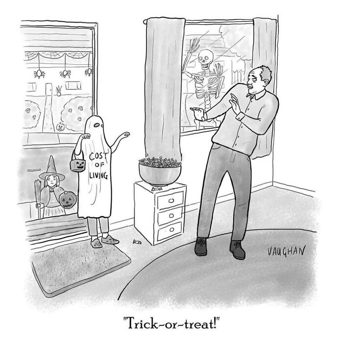Man scared by skeleton outside window, child dressed as cost of living ghost, comedy comic about trick or treat