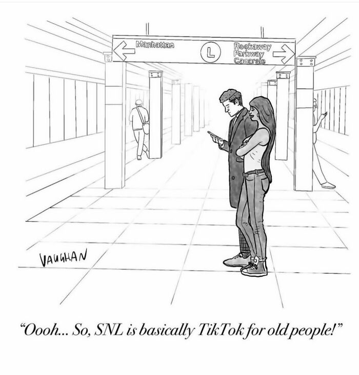 Comedy comic showing people in subway comparing SNL to TikTok for old people
