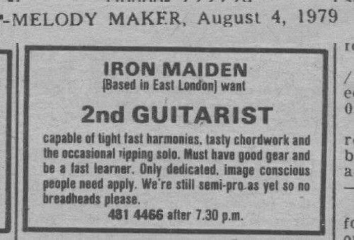 August 4, 1979: Iron Maiden, An Unknown British Heavy Metal Band, Place An Ad In Melody Maker To Find A Second Guitarist