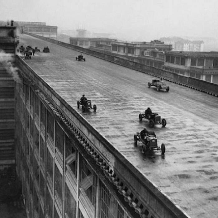 Racing Cars On The Roof Of The Fiat Factory In Turin, Italy (1923)