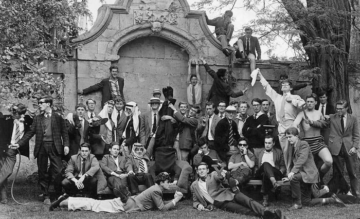 Stephen Hawking Waiving A Handkerchief With The Members Of The Oxford University Boat Club, Early 1960's