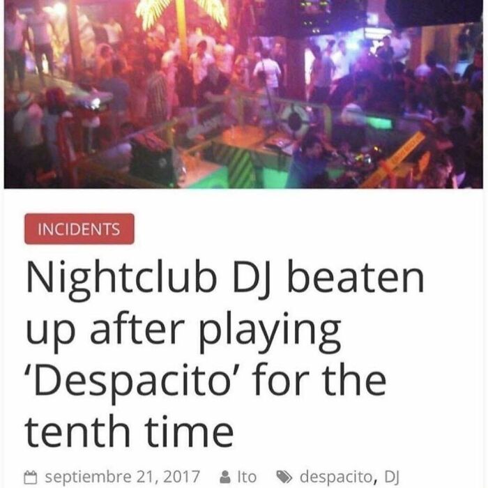 A crowded nightclub background showing an unhinged news headline about a DJ getting beaten up