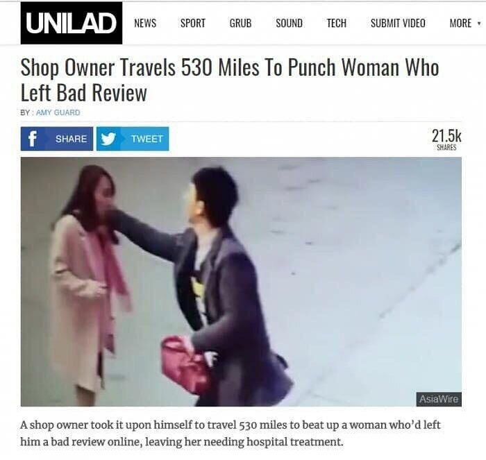 Hilarious News Headlines featuring a shop owner who traveled to punch a bad reviewer