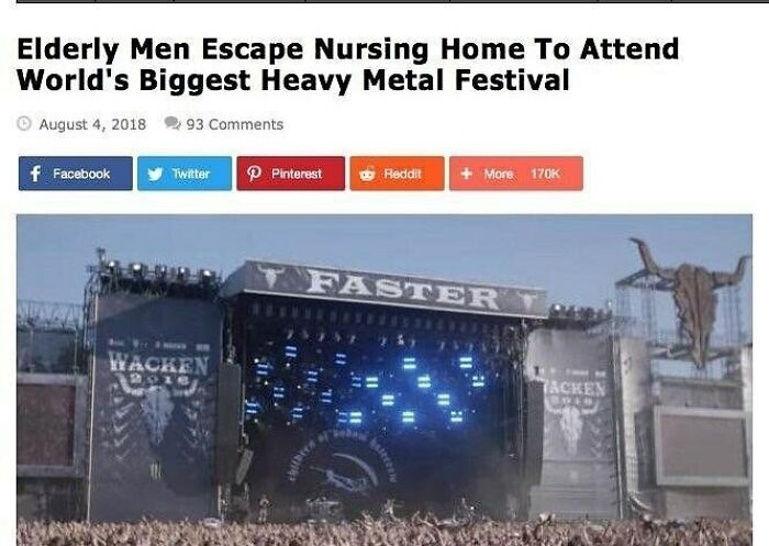 A concert stage with lights as an unhinged news headline about elderly men escaping to a festival