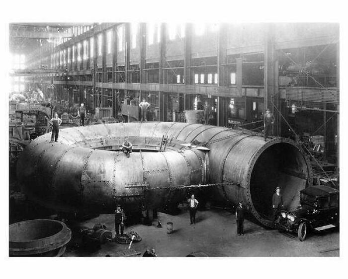 Plate Steel Spiral Casing For 70,000 Horse-Power Niagara Falls Hydraulic Turbine Unit At The Allis-Chalmers Manufacturing Company, Milwaukee, Wisconsin, CA. 1920