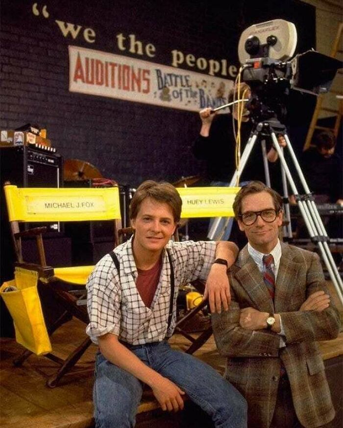 Michael J. Fox And Huey Lewis On The Set Of "Back To The Future" (1985