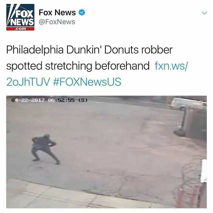A security camera photo illustrating an unhinged news headline about a robber stretching