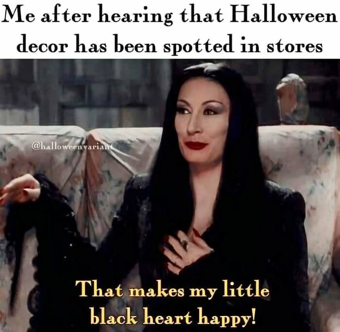 Morticia Addams smiling about Halloween, highlighted in spooky season memes