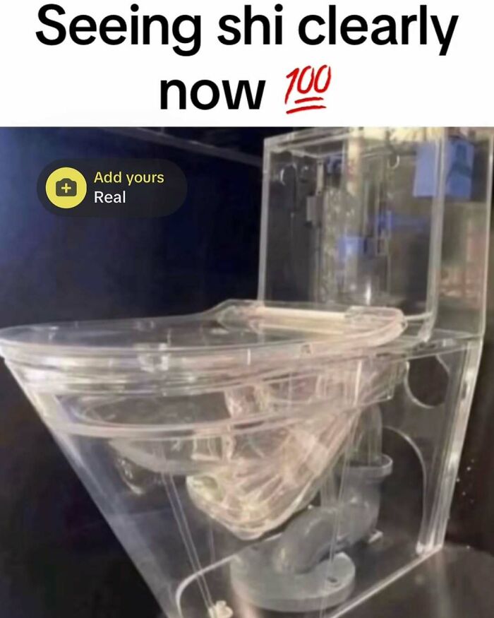 A clear acrylic toilet representing funny memes about seeing things clearly