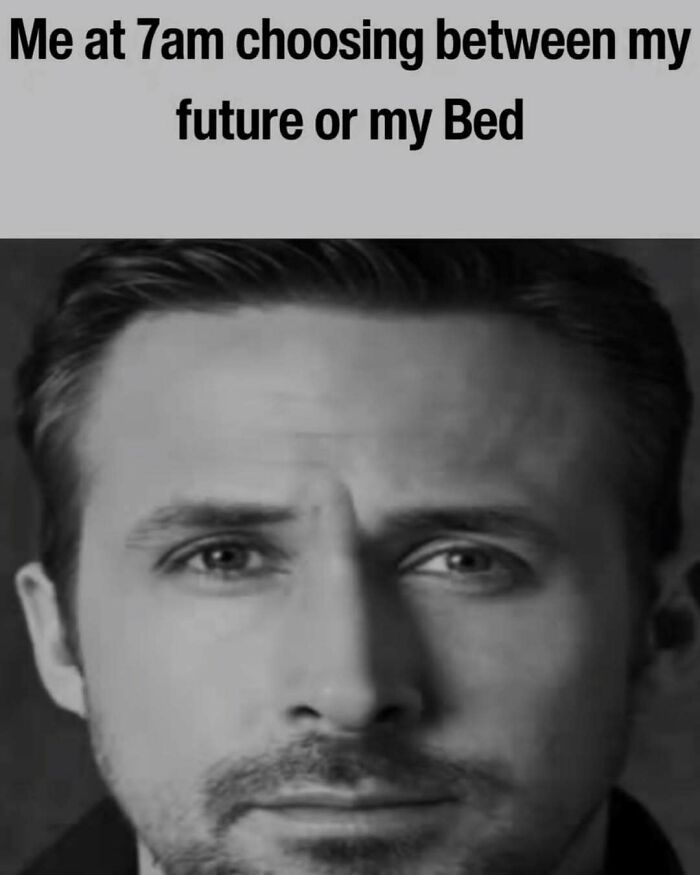 A close-up of Ryan Gosling staring blankly used as a funny dark humor meme about waking up.