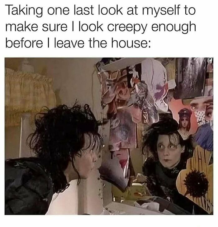 Edward Scissorhands looking in the mirror, featured in spooky season memes