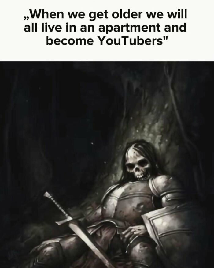 A skeleton in knight armor depicting a dark humor meme about future plans.
