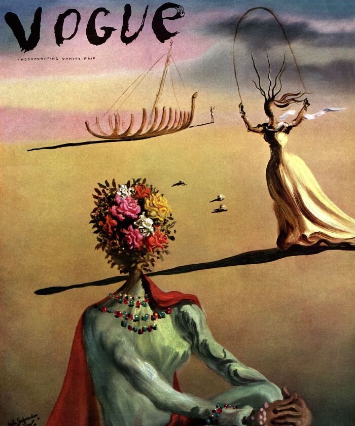 Surreal vintage Vogue cover featuring a figure with a head made of flowers alongside floating elements.