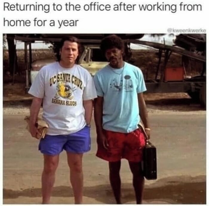 Nostalgic meme of Pulp Fiction characters in casual shorts and t-shirts