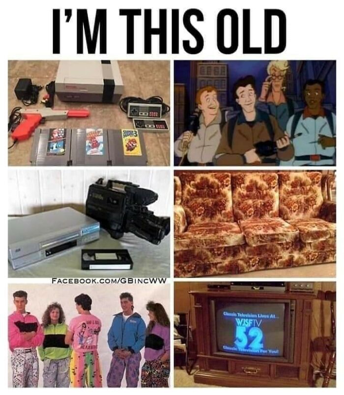 A collage of retro items including an NES console, classic cartoons, and 90s fashion evoking nostalgia.