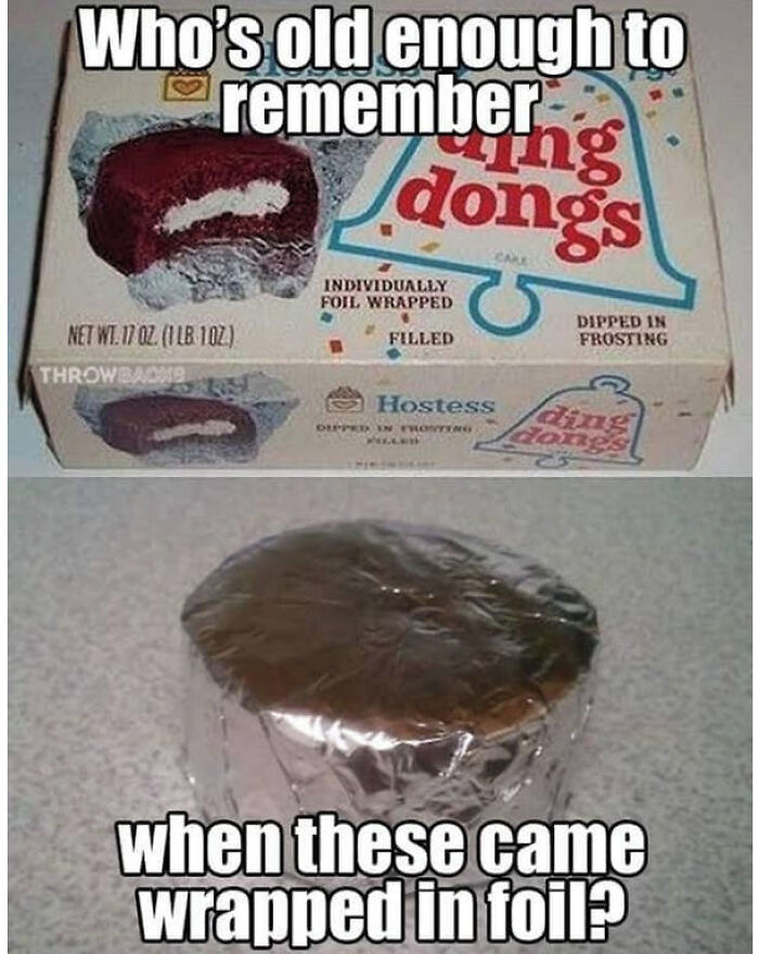 Nostalgic Hostess Ding Dongs box and a cake wrapped in foil.