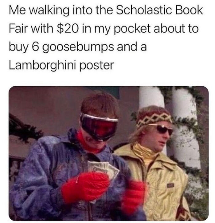 Nostalgic Scholastic Book Fair meme showing characters holding cash