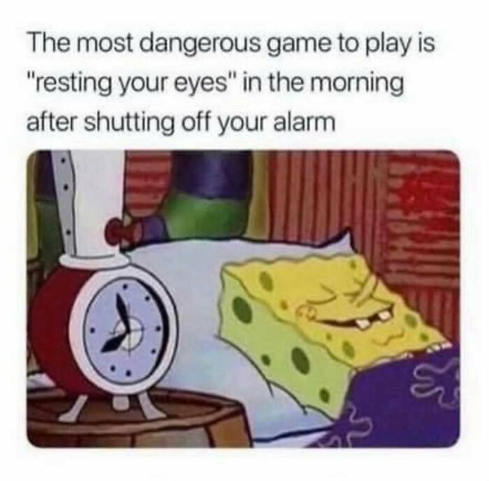 SpongeBob sleeping next to an alarm clock meme, perfect for sending memes to friends who sleep in.