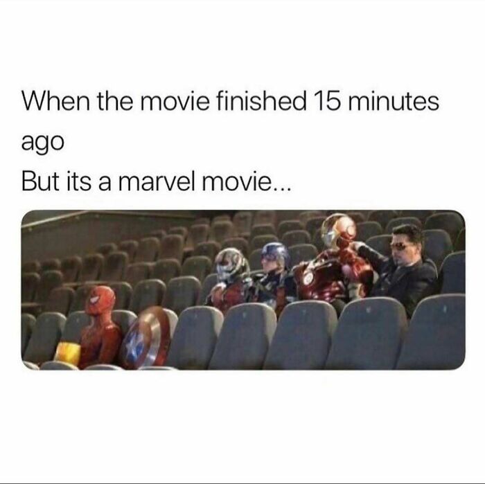 Marvel superheroes waiting in a theater seat in a funny meme to send to friends who love movies.