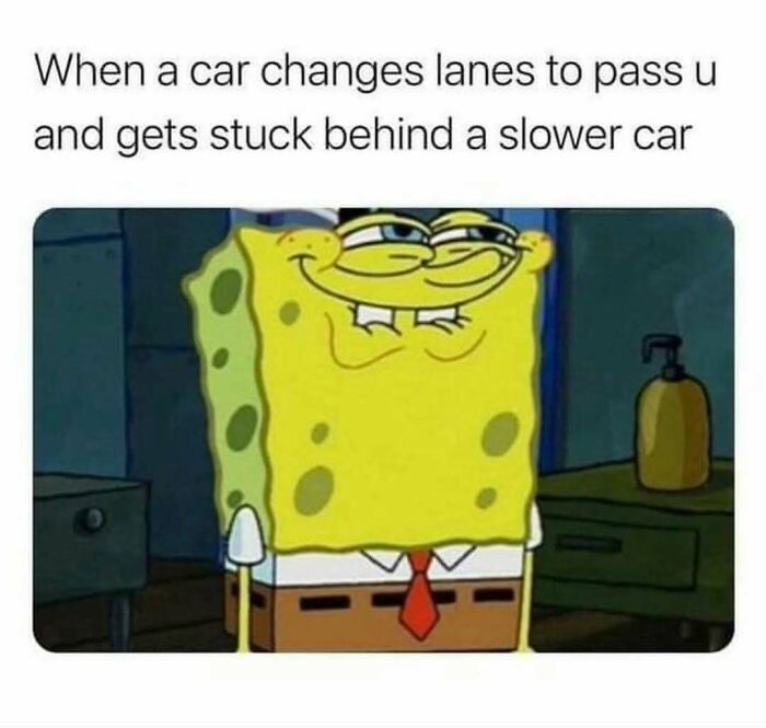 Smirking SpongeBob meme about traffic, great for sending memes to friends