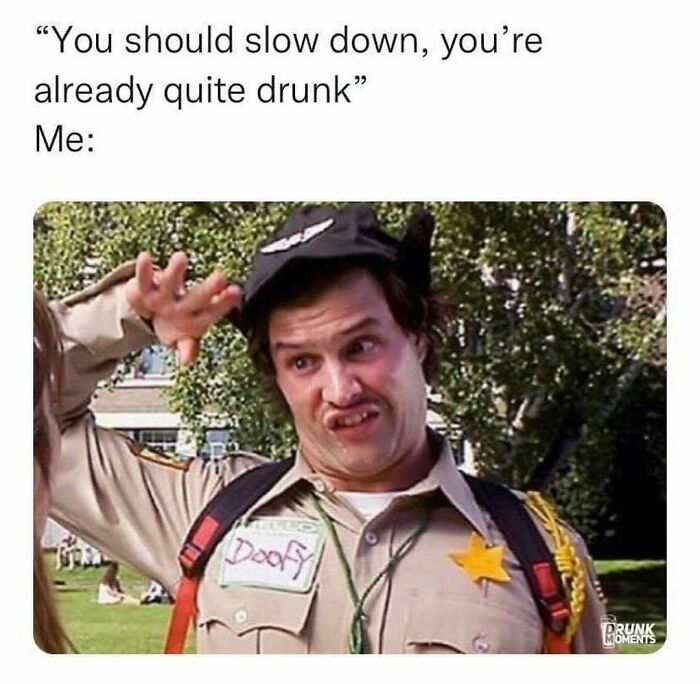 Officer Doofy saluting in a funny meme about drinking, great for sending memes to friends.