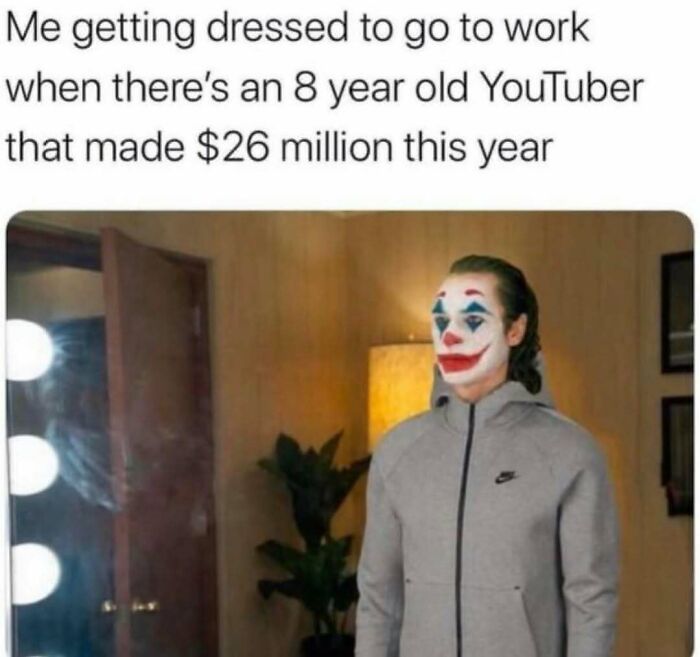 Relatable funny meme featuring Joker face makeup for sending memes to friends about working.