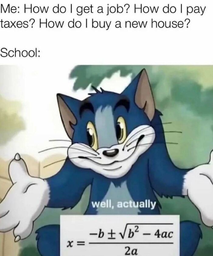 Funny meme about school math equations with Tom from Tom and Jerry to send to friends.