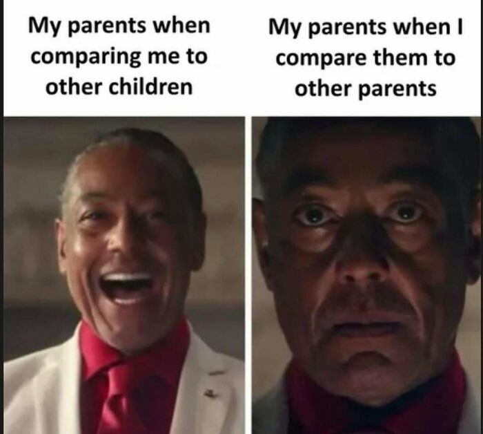 Side-by-side comparison meme of Giancarlo Esposito about parents and kids