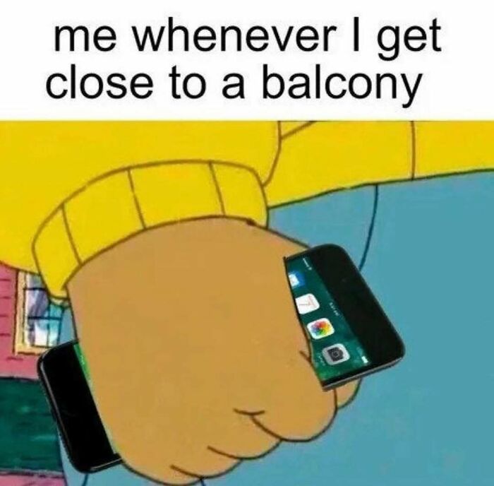 Funny meme of Arthur clutching his phone tightly near a balcony to send memes to friends
