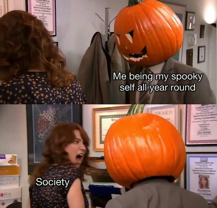 Dwight Schrute with a pumpkin head in an office setting, from spooky season memes