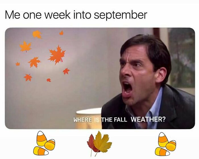 Spooky season meme showing Michael Scott shouting about waiting for fall weather in September.